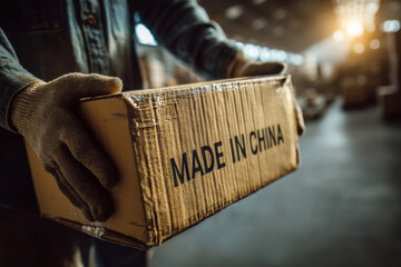 Close up of worker hands holding cardboard box with Made in China text in warehouse. Concept of manufacturing, imports, global trade, logistics, tariffs and supply chain.