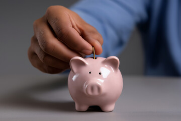 A person's hand is pictured inserting a coin into a charming piggy bank, symbolizing savings and financial responsibility, set against a neutral background for clarity and focus.