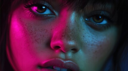 Close-up of a face with freckles. Pink and blue lights shine on the skin.