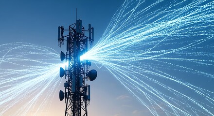 Telecommunication cell tower transmitting digital data signal with bright blue light streams against a clear sky background representing connectivity and modern technology