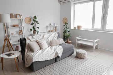 Stylish interior of living room with cozy sofa