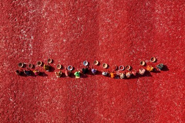 Aerial view of a single line of colorful small figures on a striking red surface, Sariakandi, Rajshahi Division, Bangladesh.