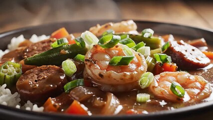 A steaming bowl of authentic Louisiana seafood and sausage gumbo featuring succulent shrimp spicy sliced andouille sausage tender okra and a rich dark rouxbased stew served over fluffy white rice sho.