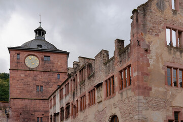 Heidelberg Castle Clock Tower and Ruins.The clock tower of the historic Heidelberg Castle and castle ruins.
