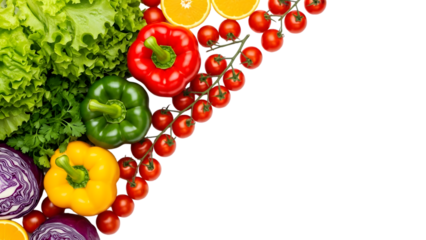 Healthy group of fresh organic vegetables including red ripe tomatoes, cherry peppers, and paprika isolated on a PNG for a raw vegetarian diet