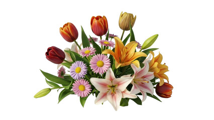 Floral Arrangement with Tulips and Lilies on Transparent Background, PNG Image