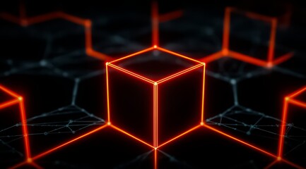 Cube with a red outline is surrounded by other cubes. The cubes are all lit up. The image has a futuristic