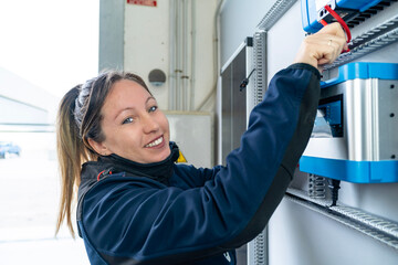 Female technician connecting electrical wiring in industrial panel
