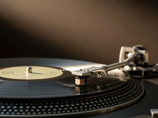A vinyl record player with a closeup view of the turntable and tonearm