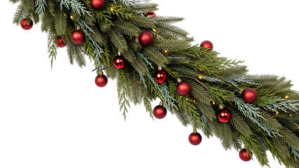 Decorative christmas garland with red ornaments and lights on transparent background
