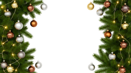 Festive christmas tree branches decorated with ornaments and lights forming a decorative frame on a black background