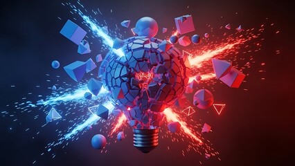 Abstract digital concept of a glowing lightbulb shattering into geometric shapes with contrasting blue and red energy bursts symbolizing innovation and breakthrough moments
