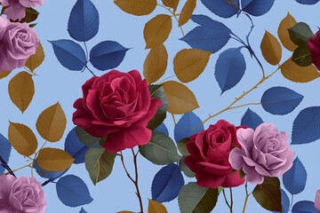 A stunning array of roses and foliage beautifully arranged against a solid light blue background, showcasing vibrant colors and intricate details in floral design.