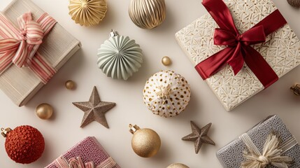 Flat Lay Arrangement of Colorful Gift Boxes with Decorative Christmas Ornaments on a Light Background