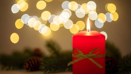 festive red Christmas candle with blurred lights background