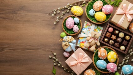 festive Easter eggs scene featuring decorated eggs and wrapped gifts, flatlay with copyspace