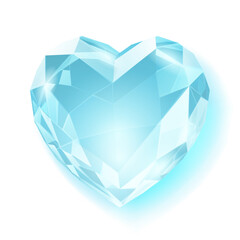 A bright light blue, heart-shaped diamond with faceted surface and soft glow on white background.