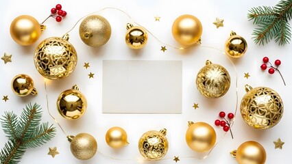 flat lay composition featuring various gold Christmas ornaments and greenery, with a blank card in the center