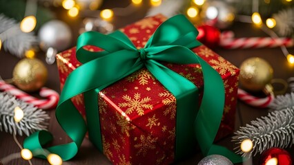 wrapped Christmas gift surrounded by festive decorations