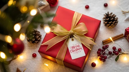 beautifully wrapped Christmas gift and festive decorations