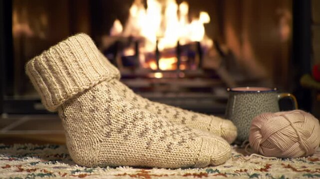 Cozy wool socks near fireplace, warm and comfy, perfect for winter relaxation, and craft