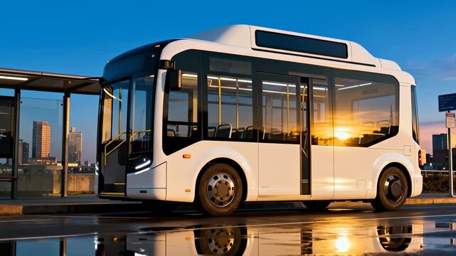 Autonomous electric shuttle bus with "AI" and "Autonomous" signs parked at a city bus stop at sunset