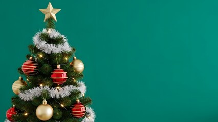 decorated miniature Christmas tree set against a teal background with copyspace