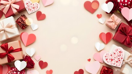 Valentine's Day hearts and gifts on pink surface, with copyspace flatlay