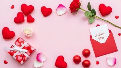 Valentine's Day hearts and gifts on pink surface, with copyspace flatlay
