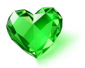 A bright green, faceted gemstone in the shape of a heart, with a subtle shadow effect on a white background.