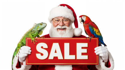 Santa Claus holding red SALE sign, cheerfully presenting holiday discounts with iguana and parrot. Festive Santa sale event for Christmas shopping promotions, offering incredible deals.