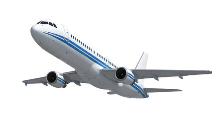 Obraz premium A commercial airliner jet aircraft flies through a clear blue sky and transitions to a white background for versatile travel and aviation transportation design