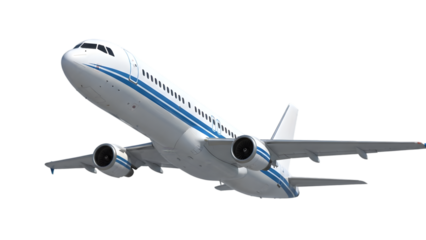 A commercial airliner jet aircraft flies through a clear blue sky and transitions to a white background for versatile travel and aviation transportation design