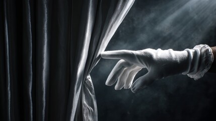 Elegant White Glove Hand Drawing Back Semi-Transparent Curtain in Dramatic Light