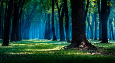 Obraz premium Forest with a large tree in the middle. The trees are tall and the grass is green