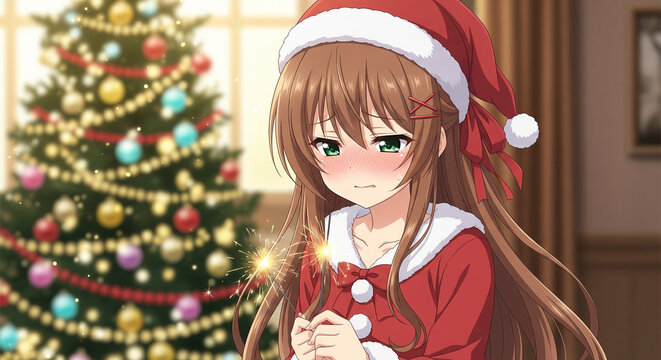 Cute shy anime girl in Santa Claus costume holding sparklers against Christmas tree background, holiday manga illustration