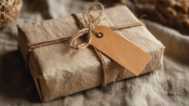 Rustic Wrapped Parcel with Jute String on Textured Cloth Background for Gift or Crafting Inspiration