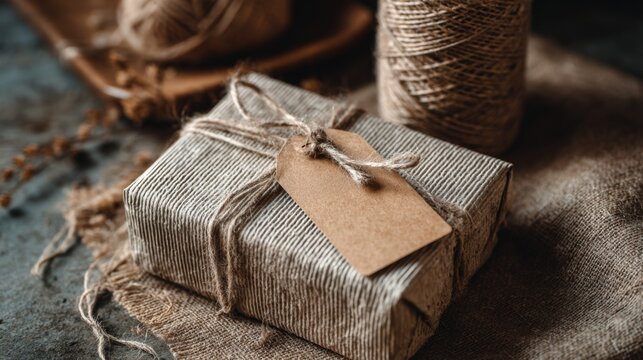 Styled Parcel Wrapped in Textured Craft Paper with Jute Twine and Simple Tag for Rustic Gift Presentation