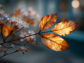 Obraz premium a branch with leaves that are starting to turn brown, with water droplets on them. The background is blurred, with a gradient from dark to light, highlighting the leaves in the foreground.
