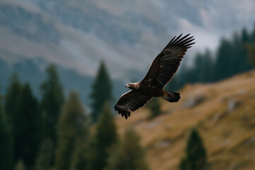 Obraz premium A stunning image of a majestic eagle soaring through the air, showcasing its powerful wings against a backdrop of mountains and greenery in a tranquil natural setting.