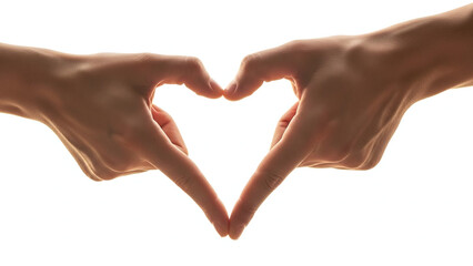 Fototapeta premium Two hands forming a heart shape against a white background, symbolizing love and connection