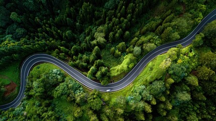 Aerial view of a winding road through a lush green forest with a car driving
