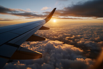 Obraz premium An airplane wing beautifully silhouetted against a vibrant sunset, capturing the serenity of travel above the clouds, conveying freedom and adventure in the sky.
