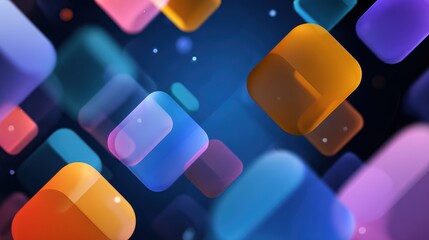 Abstract 3D rounded squares floating in a dark blue background with subtle bokeh effects