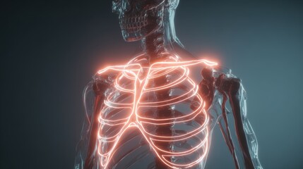 Glowing human rib cage and skeleton anatomy in a futuristic medical visualization