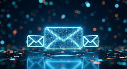 Glowing blue digital envelope icons representing electronic mail and communication concept on a dark technological background with bokeh effect