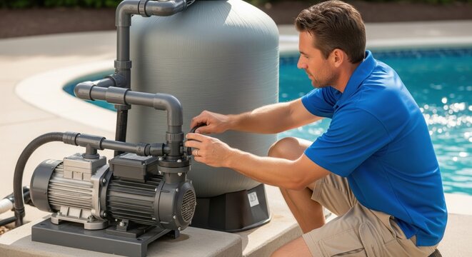 Man performing essential maintenance on a residential swimming pool pump and filter system.