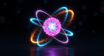 Abstract glowing neon atom model with orbiting electron paths in vibrant pink and blue light against a dark background