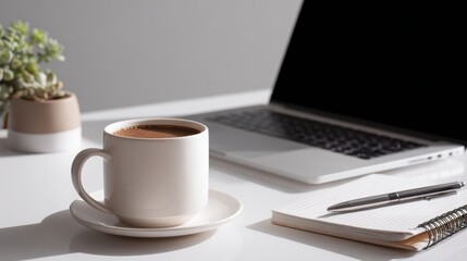 Modern home office setup with coffee, laptop, and notebook for productive work