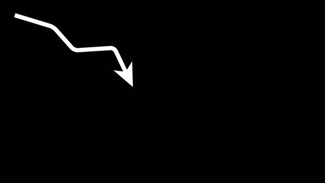 Generate title without using the word "Title:" before it. White downward pointing arrow line graph with jagged decline on black background decrease drop